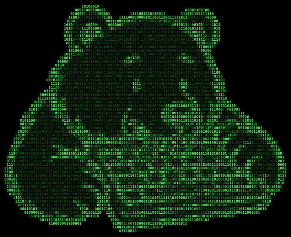 The Pheirce Bytes bear chewing on a keyboard, drawn in green ones and zeros